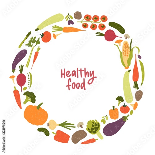 Round frame or border consisted of various vegetables or harvested crops isol...