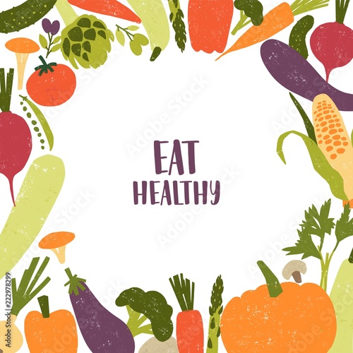 Square backdrop with circular frame consisted of various vegetables on white ...