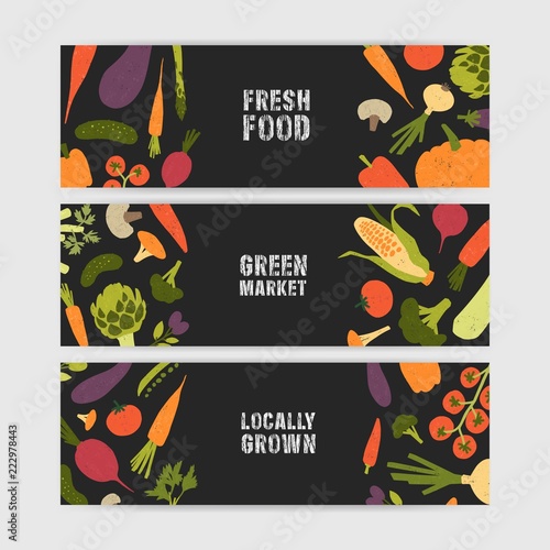 Bundle of horizontal web banner templates with tasty locally grown vegetables...