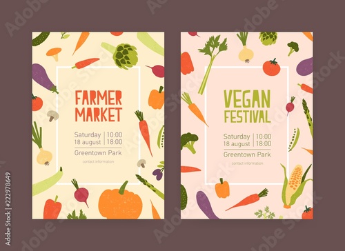 Set of flyer or invitation templates for farmer market and vegan food festival with frames made of fresh ripe vegetables and place for text. Colorful modern vector illustration for event announcement.