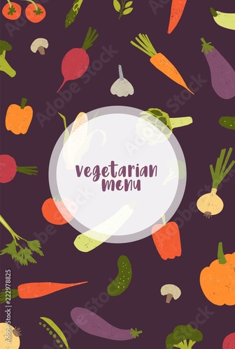 Vegetarian menu cover template decorated with fresh delicious organic vegetab...