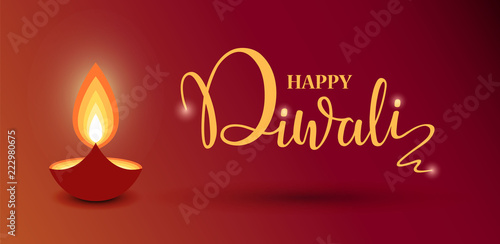 Happy Diwali lettering wallpaper design template. illustration of burning Diwali diya oil lamp for light festival of India.