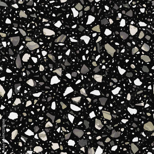 Terrazzo flooring vector seamless pattern in dark colors with accents. Classic italian type of floor in Venetian style composed of natural stone, granite, quartz, marble, glass and concrete