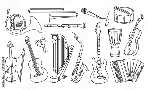 Continuous line drawing of Musical instruments linear icons set. Orchestra equipment