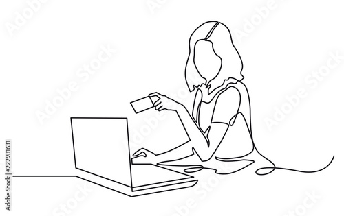 Vector one line Illustration of a young woman in front of a laptop, holding a credit card. Continuous Line Drawing of online shop