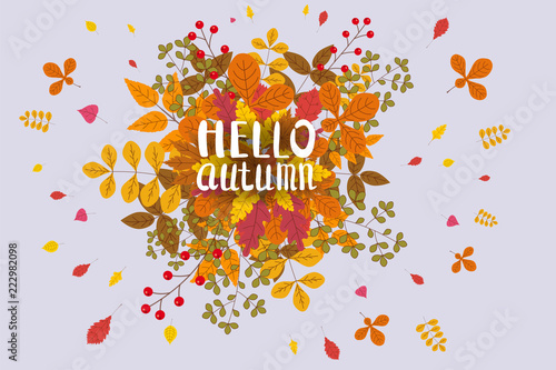 Hello Autumn, background with falling leaves, yellow, orange, brown, fall, lettering, template for poster, banner, vector, isolated