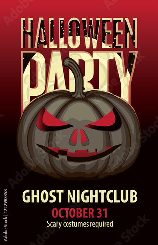 Vector banner with inscription happy halloween and a spooky pumpkin on the background of full moon. Flyer or invitation template for Halloween party.