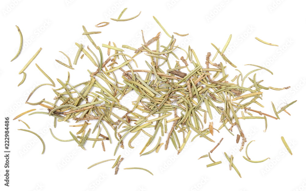 Pile of dry rosemary isolated on white background, top view