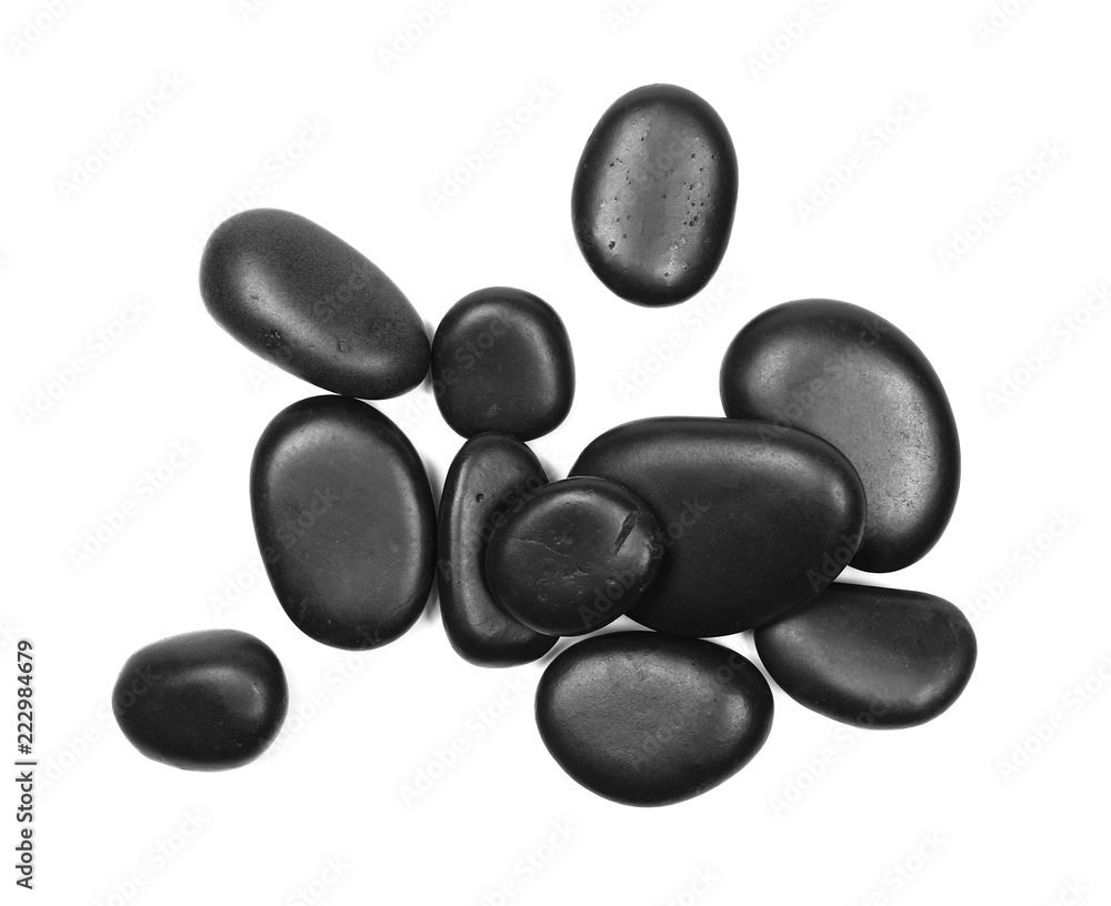 Pile black rocks isolated on white background, top view