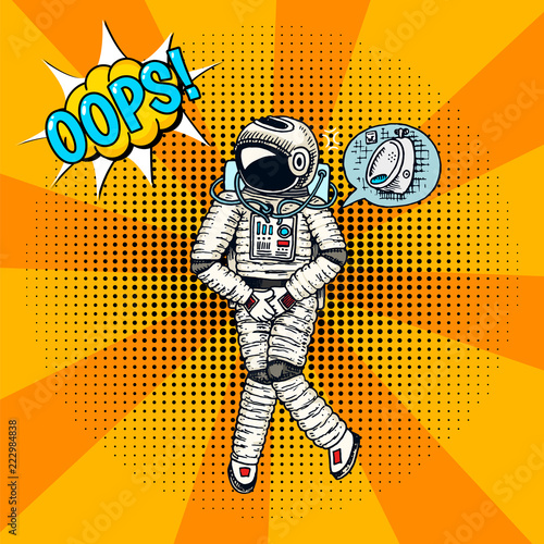 Oops pop art astronaut soaring. Spaceman cosmonaut superhero explore adventure. engraved hand drawn in old sketch. colorful background retro comic style. Astronomical galaxy space.