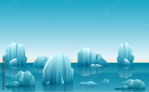 Vector illustration of winter arctic landscape with lot of icebergs and snow mountains.