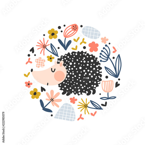 Funny cartoon hedgehog with flowers