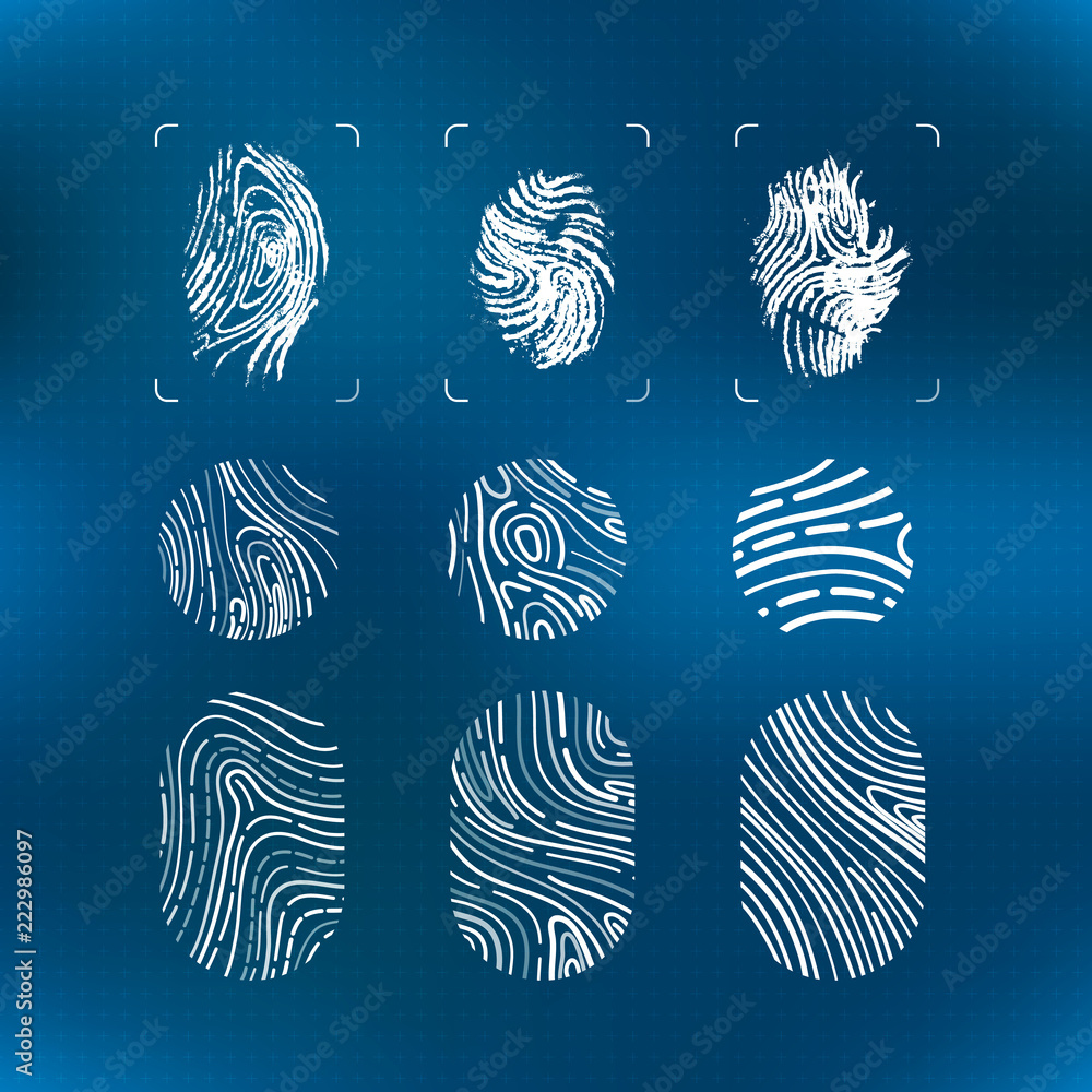 Fototapeta Set of bright white futuristic fingerprints, modern elements on blue