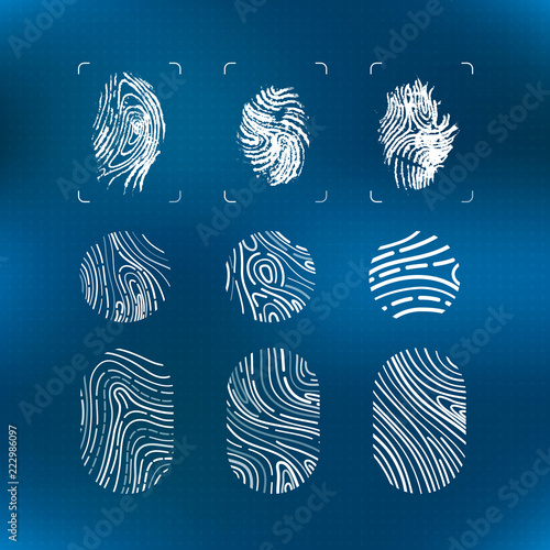 Set of bright white futuristic fingerprints, modern elements on blue