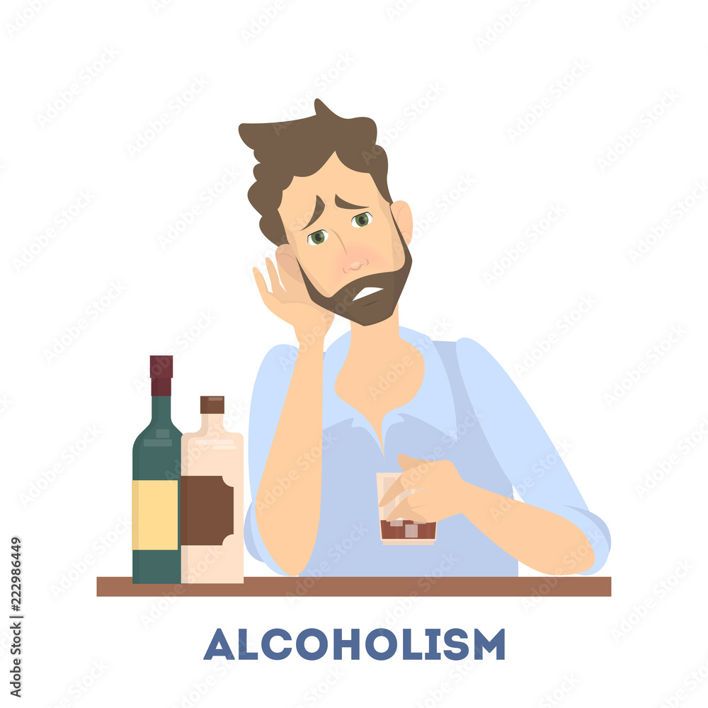 Young depressed drunk man drinking alcohol alone