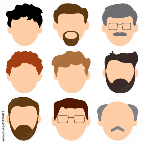 Colored set of avatars, faces of men. Young and old. Male characters. Vector illustration