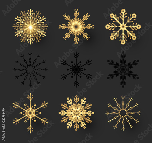 Gold Snowflakes Set. Elegant Design Elements Collerion. photo