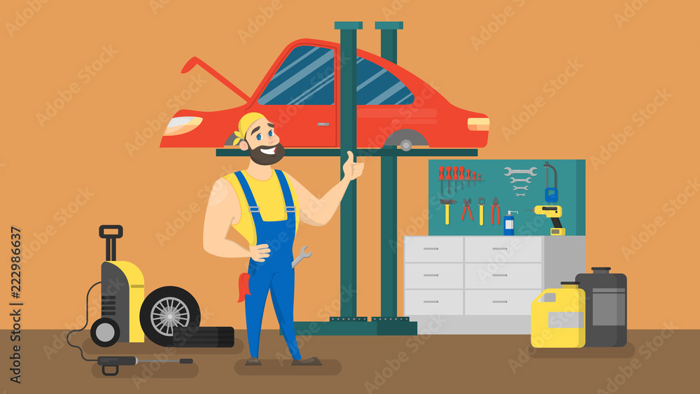 Fototapeta premium Mechanic standing in front of red car