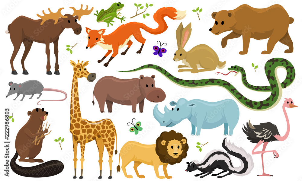 Obraz premium Cute animals for baby. Wild giraffe moose camel and deer, rhinoceros. hare, wolf and bear with lion and tiger. vintage world. Cartoon vector.