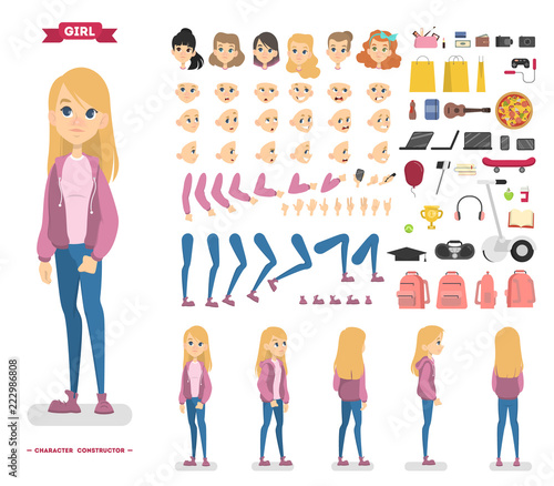 Cute teen girl character set for animation