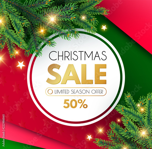 Christmas Sale Banner. Holiday Background with Fit Tree Branches and Golden Balls.