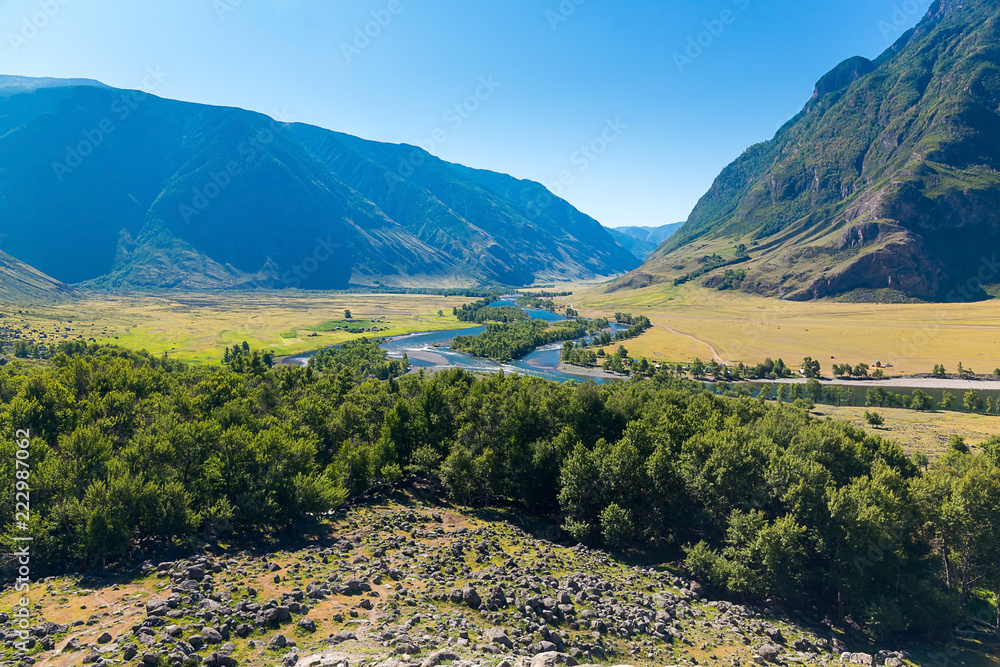 Panorama of the Chulyshman River valley from the mountain, Ulagansky district, Altai Republic, Russia