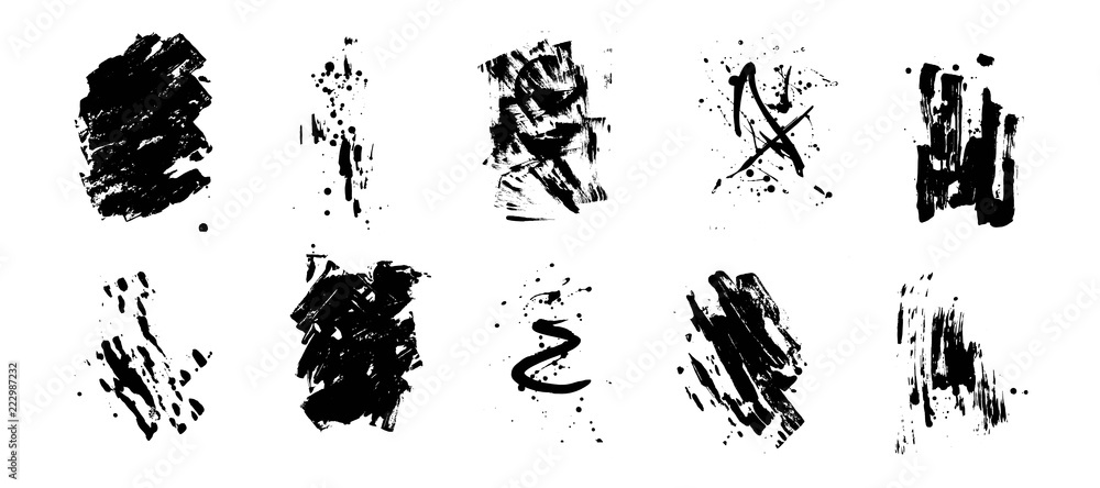 Set of artistic black grunge backgrounds. Vector texture. Dirty artistic design element. Brush stroke, splatter. Set of artistic black grunge backgrounds. Vector texture. Dirty artistic design element. Brush stroke, splatter.