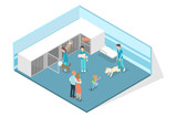 Veterinary clinic room interior. Doctors and sick pets
