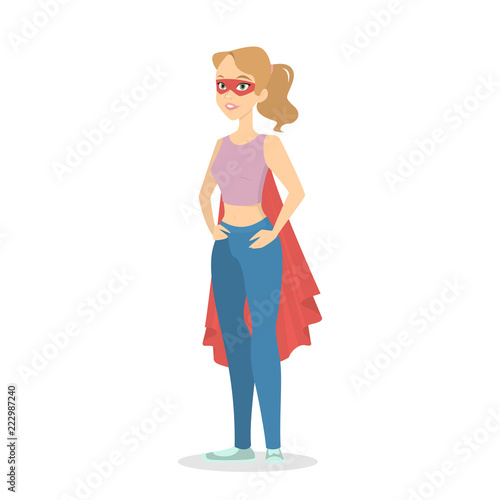 Woman standing in red cloak and mask