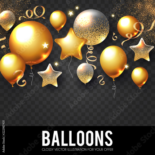 Realistic Glossy and Transparent Balloons with Confetti. Holiday, Sale and Party Decoration. Birtday. Wedding, Greetings, Congratulations, Anniversary, Win and so on.