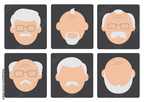 Flat set of face old men on gray background, avatar. Vector illustration