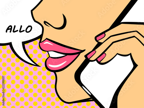 Pop art woman saying hello on the phone