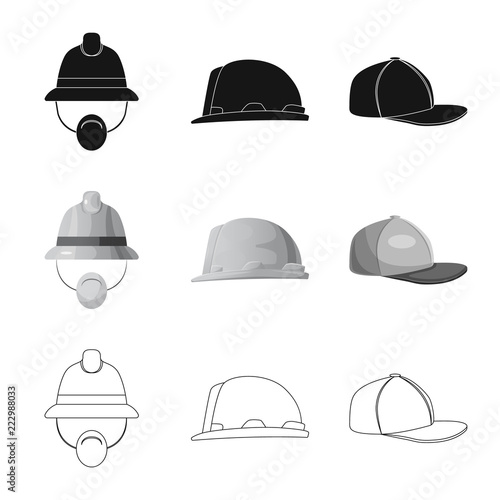 Vector illustration of headgear and cap sign. Collection of headgear and accessory stock symbol for web.