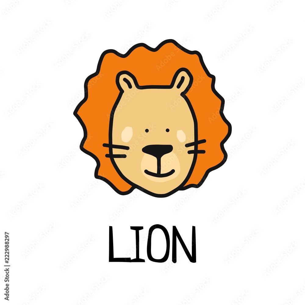 Cartoon vector flat illustration of cute lion face for baby card and invitation Cartoon vector flat illustration of cute lion face for baby card and invitation