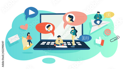 People sitting on the big laptop computer and chat