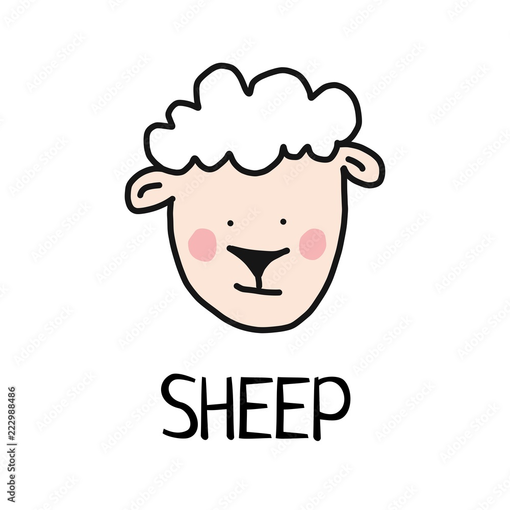 Cartoon vector flat illustration of cute sheep face for baby card and invitation