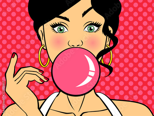 Surprised sexy woman with pink bubble gum