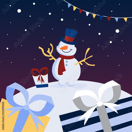 Funny cute snowman character with gifts around