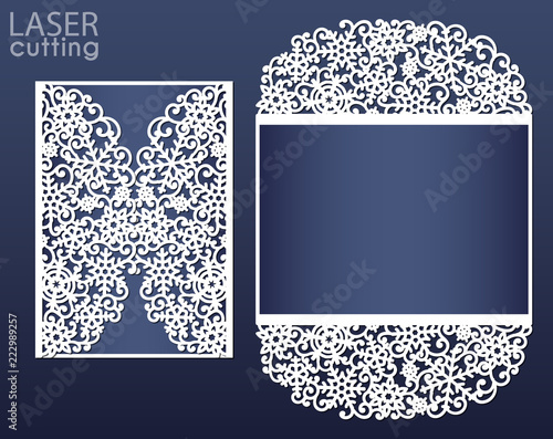 Laser cut wedding card template, suitable for Christmas cards, invitations for Christmas party. Cutout paper gate fold card with snowflakes pattern for laser or die cutting.