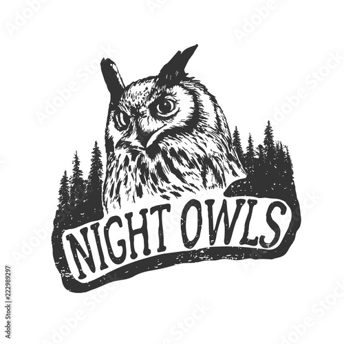 Vintage hand drawn badge.The night owls in forest .Vector illustration
