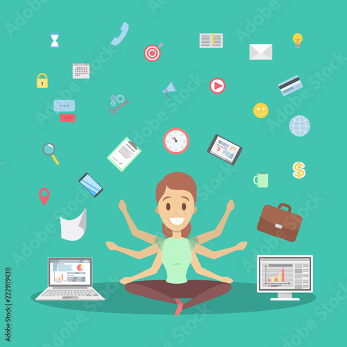 Business woman in lotus pose having break at work