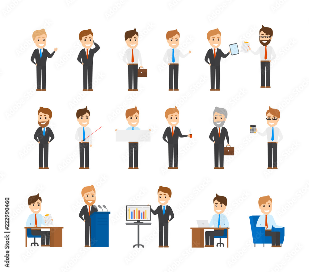 Collection of office workers in different situations