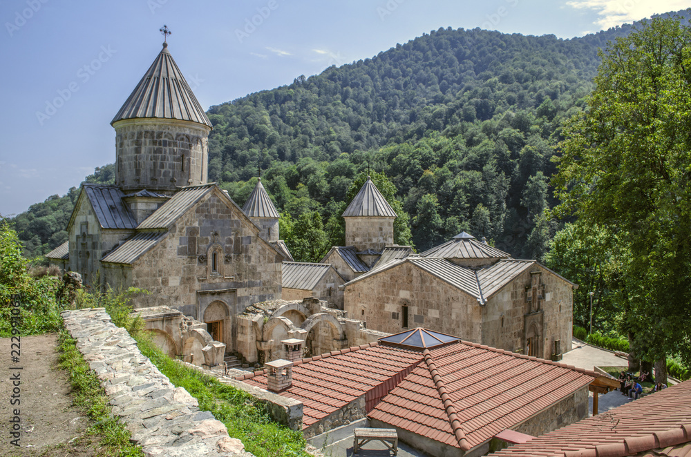 Top view of the whole complex of the monastery Haghartsin, located in the mountains
 and surrounded by forest about  the village of gosh, near the town of Dilijan 

