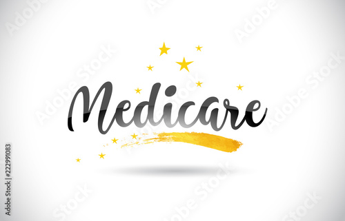 Medicare Word Vector Text with Golden Stars Trail and Handwritten Curved Font.