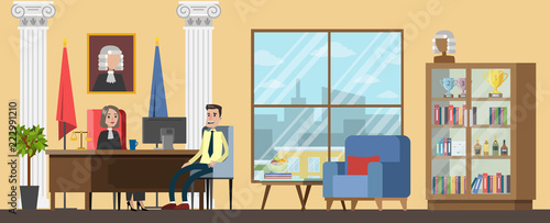 Court building judge office interior flat illustration