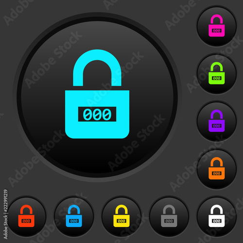 Locked combination lock with center numbers dark push buttons with color icons