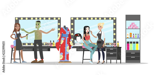 Film studio building interior. Actor in dressing room prepare