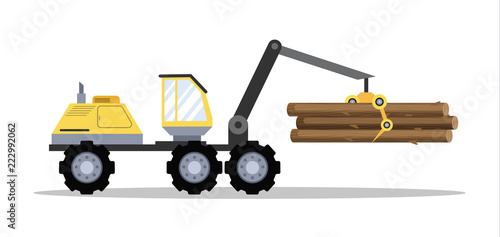 Big yellow tractor with wood or lumber.