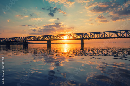 Amazing view to bridge across the Dnieper river, Cherkasy, Ukraine at sunset