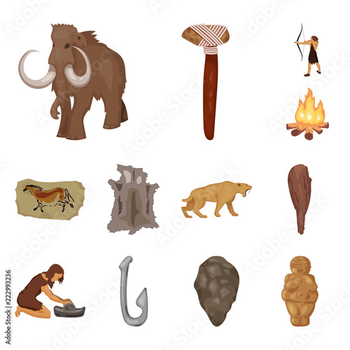 Life in the Stone Age cartoon icons in set collection for design. Ancient people vector symbol stock web illustration.